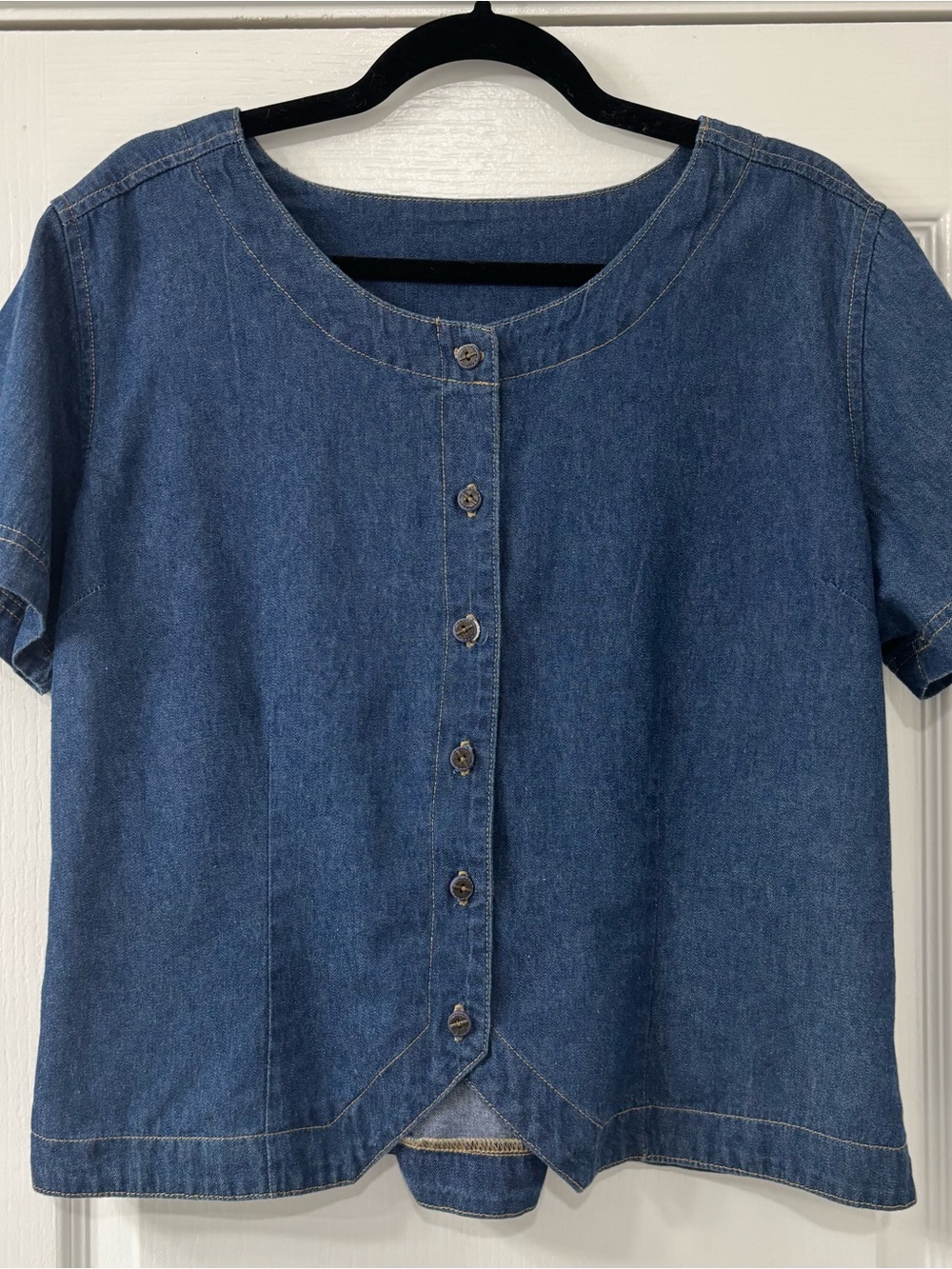 Classic Short-Sleeve Denim Button-Front Top - Blue